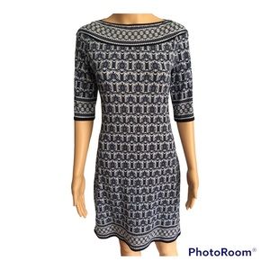 Max Studio NWOT stretch navy blue, boat neck, elbow sleeve print dress